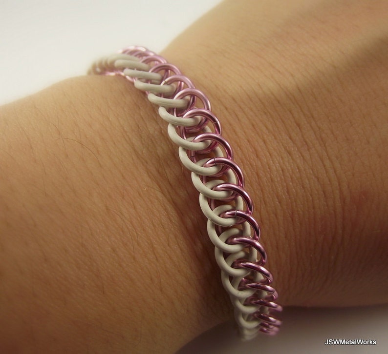 Pink Aluminum and White Rubber Stretch Chainmaille Bracelet, Stretch Bracelet for Men or Women image 3