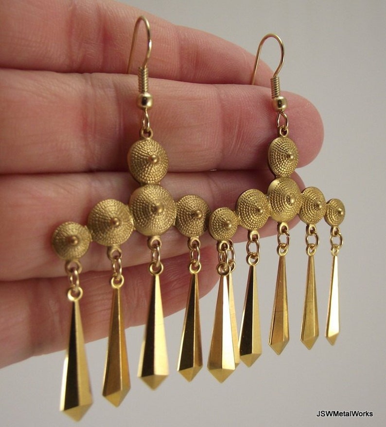 Vintage Flapper Brass Chandelier Earrings, Unique Statement Golden Earrings image 1