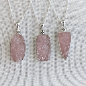 Raw Rose Quartz Silver Pendant Necklace, Long Sterling Silver Cable Chain Rough Rose Quartz Pendant, CHOOSE your Pendant