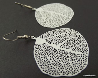 White Medium Smooth Round Leaf Skeleton Earrings, Woodland Jewelry, Gift under 20
