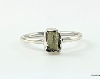 Raw Moldavite Silver Bezel Minimalist Stackable Ring, 925 Sterling Silver Rough Moldavite Gemstone Jewelry, CHOOSE YOUR RING