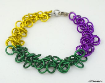 Mardi Gras Shaggy Aluminum Chainmaille Bracelet, Yellow Green and Purple Bracelet, Gift under 25