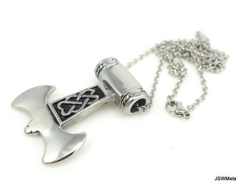 Stainless Steel Thor's Hammer Necklace with Knot for Men or Women, Mjölnir Amulet