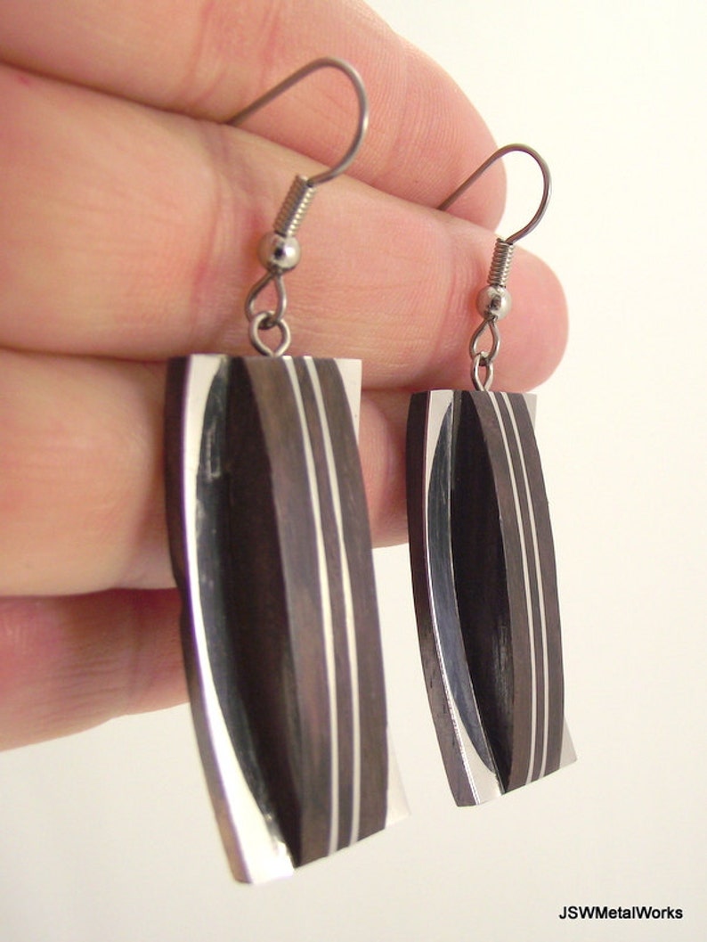 Modern Dark Wood and Silver Rectangular Earrings, Unique Rectangular Silver Earrings image 2