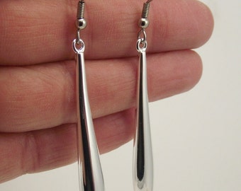 Long Elegant Shiny Silver Drop Earrings, Gift for Her Under 30