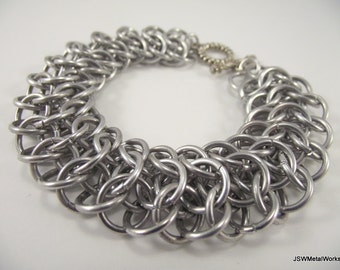 Interwoven Chainmaille Aluminum Bracelet Cuff for Men or Women, Silver Unisex Chainmail Bracelet