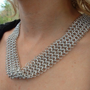 Long Statement Pull Over Aluminum Chainmail Necklace Cowl, Silver Chainmaille Statement Jewelry