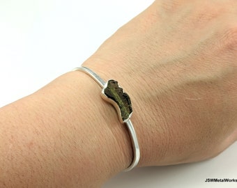 Raw Moldavite Silver Twister Bracelet Cuff, Sterling Silver Rough Moldavite Gemstone Minimalist Jewelry, CHOOSE YOUR BRACELET