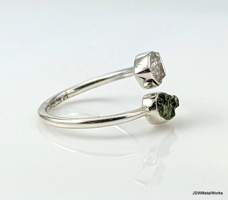 Raw Moldavite and Herkimer Silver Bezel Adjustable Ring, 925 Sterling Silver Rough Moldavite Gemstone Jewelry, CHOOSE YOUR RING image 6