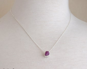 Minimalist Layering Raw Ruby Sterling Silver Necklace, Rough Ruby Red Gemstone Pendant, CHOOSE your NECKLACE