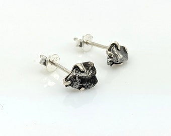 Raw Meteorite Stud Earrings, Prong or Bezel Sterling Silver Meteorite Gemstone Minimalist Jewelry