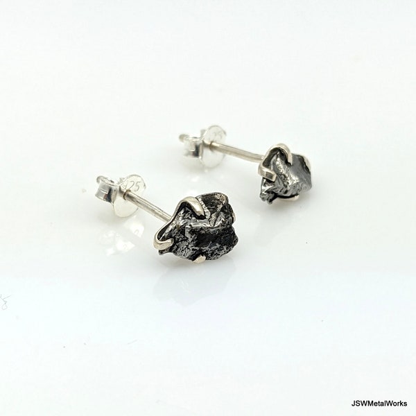 Raw Meteorite Stud Earrings, Prong or Bezel Sterling Silver Meteorite Gemstone Minimalist Jewelry