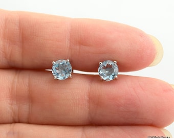 6mm Blue Topaz Stud Earrings, Sterling Silver Blue Topaz Gemstone Minimalist Jewelry