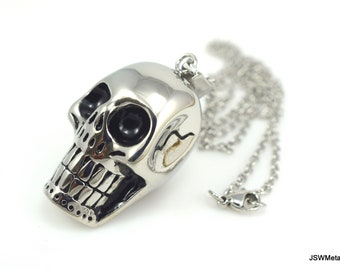 Large Stainless Steel Skull Necklace for Men or Women, Silver Skull Pendant Gift for Him or Her