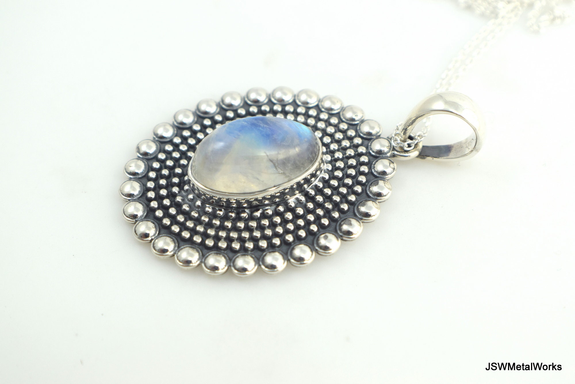 Oval Rainbow Moonstone Silver Pendant Necklace - Huge Lab-Created Stone, Silver Plated Copper