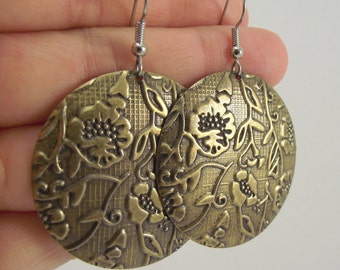 Floral Antiqued Brass Textured Earrings, Brass Medallion Earrings Woodland Jewelry Gift