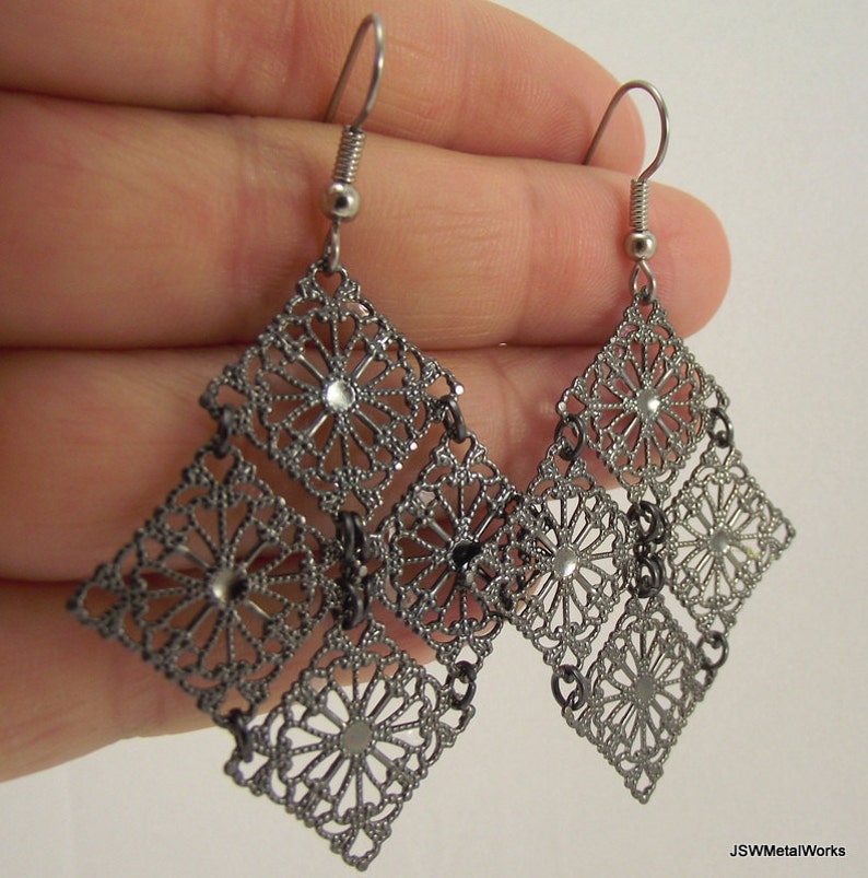 Gift for Women Medium Diamond Gunmetal Filigree Chandelier Earrings