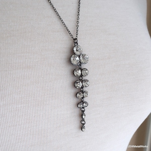 Long Clear Rhinestone Gunmetal Pendant Necklace, Elegant Gunmetal Necklace Gift for Her