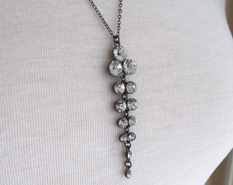 Long Clear Rhinestone Gunmetal Pendant Necklace, Elegant Gunmetal Necklace Gift for Her