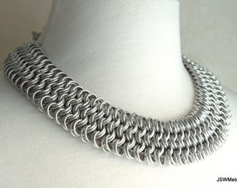 Aluminum Silver Statement Chainmail Collar Necklace, Handmade Chain Collar Necklace for Men or Women