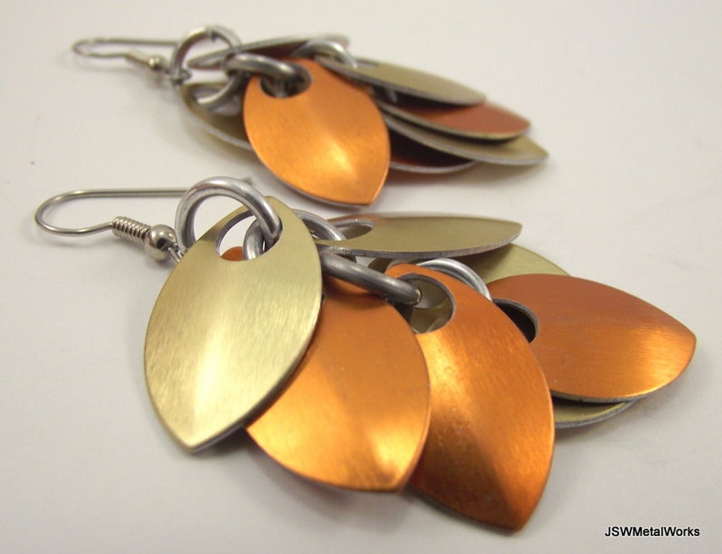 Orange and Gold Small Aluminum Scale Shag Earrings, Aluminum Scalemail Scale Earrings image 2