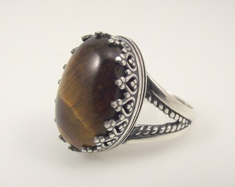 Large Victorian Sterling Silver Tiger's Eye Ring, Caramel Brown Ornate Oval Silver Ring Size 7