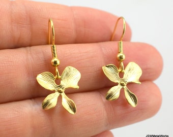 Single Gold Orchid Earrings, Minimalist Gold Flower Earrings, Wedding Bride Bridesmaid Gift, Gift for Women Under 20