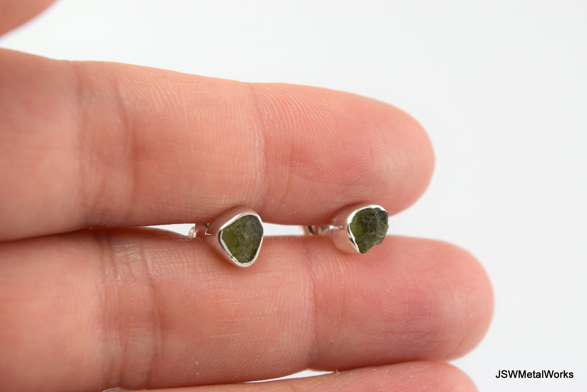 Raw Moldavite Stud Bezel Earrings, Sterling Silver Rough Moldavite Gemstone Minimalist Jewelry