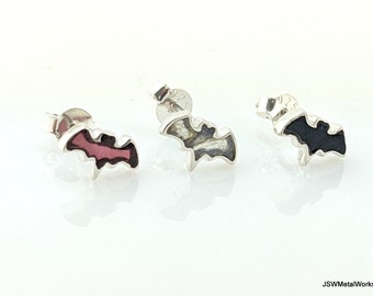 Silver Gemstone Bat Stud Earrings, Minimalist Silver Bat Labradorite Garnet or Black Tourmaline Earrings