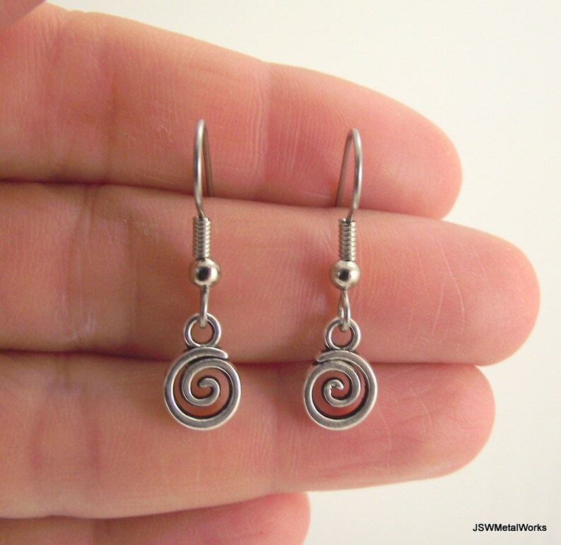 Tiny Silver Swirl Minimalist Earrings, Round Pewter Earrings Gift under 20, Minimalist Jewelry image 2