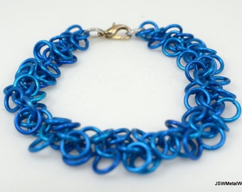 Blue Aluminum Chainmail Jingle Bracelet, Blue Chainmaille Bracelet Gift for Him or Her