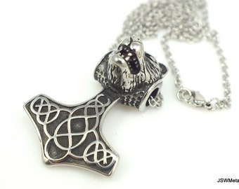 Stainless Steel Thor's Hammer Necklace with Wolf Head for Men or Women, Mjölnir Amulet