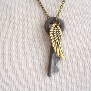 Antiqued Brass Steampunk Skeleton Key Necklace with Wing, Brass Vintage Steampunk Jewelry, Gift for Him or Her