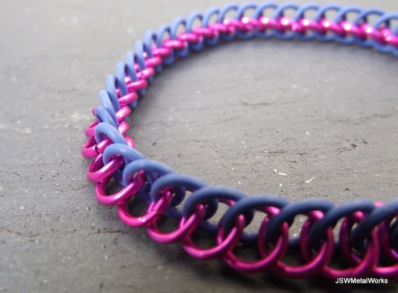 Half Persian Chainmail Pink and Blue Aluminum and Rubber Stretch Bracelet Gift for Men or Women Under 15