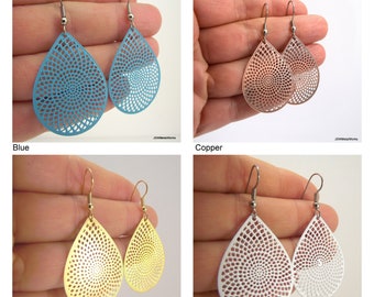 Small or Medium Teardrop Disco Earrings, Brass White Blue Copper or Gold Earrings, Gift under 20, CHOOSE your COLOR