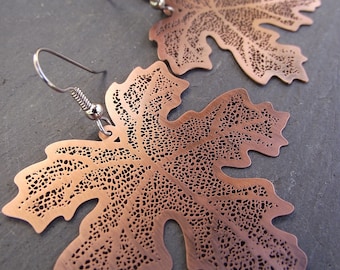 Large Copper Maple Leaf Skeleton Earrings, Woodland Jewelry Gift Under 20