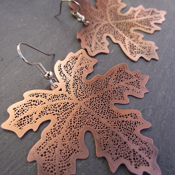 Large Copper Maple Leaf Skeleton Earrings, Woodland Jewelry Gift Under 20