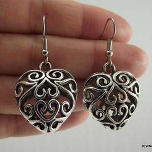 Puffed Antiqued Silver Filigree Heart Earrings, Silver Pewter Earrings, Love Valentine's Day Gift for her under 25 image 4