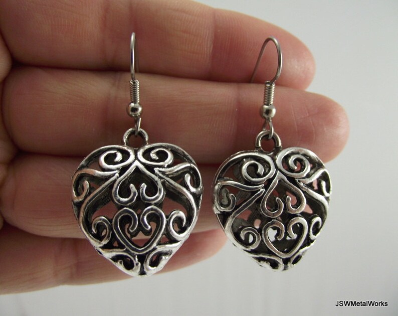 Puffed Antiqued Silver Filigree Heart Earrings, Silver Pewter Earrings, Love Valentine's Day Gift for her under 25 image 4