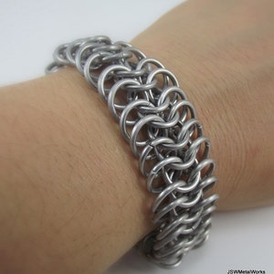 Bold Aluminum Chainmaille Bracelet, Unisex Silver Statement Chainmail Cuff Bracelet, Gift for Him or Her
