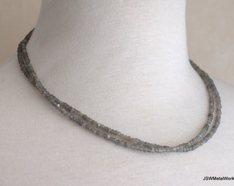 Labradorite Double Strand Beaded Sterling Silver Necklace, Luxe Blue Flash Labradorite Silver Gemstone Necklace