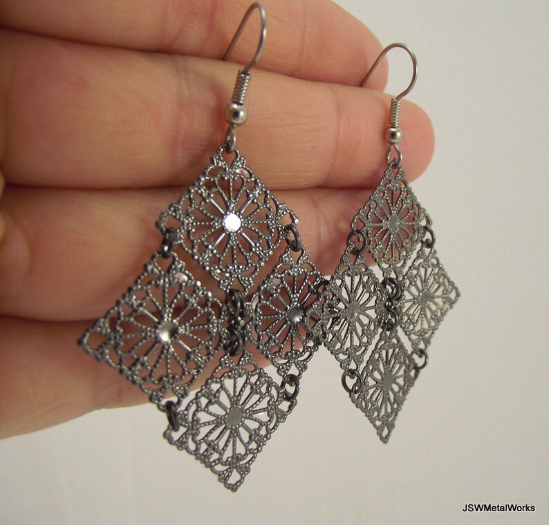 Gift for Women Medium Diamond Gunmetal Filigree Chandelier Earrings