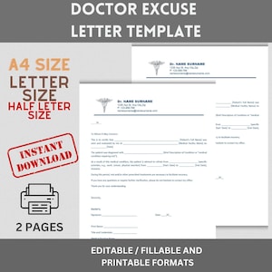 DOCTOR EXCUSE LETTER Template / Simple Excuse Letter Template / Bearbeitbare, ausfüllbare, druckbare Dokumentvorlage