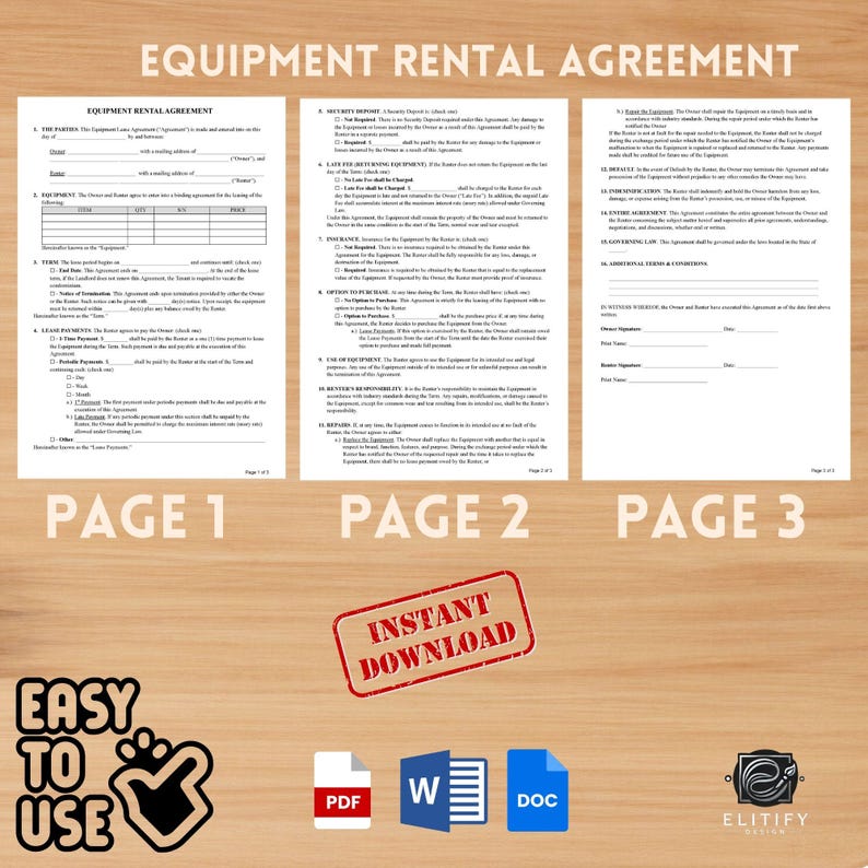 EQUIPMENT RENTAL AGREEMENT / Fillable and Printable / in Pdf, Microsoft ...