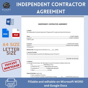 Independent Contractor Agreement 4 Pages/ Independent Contractor Contract/ Editable, Fillable, Printable Document/ Pdf, Ms Word Google Docs