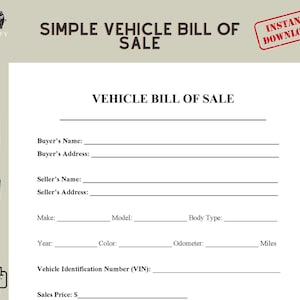 Vehicle Bill Of Sale Printable / Simple Editable, Fillable Template/ Car Sale Agreement/ Auto Bill of Sale/ Word and Pdf Formats 2 size