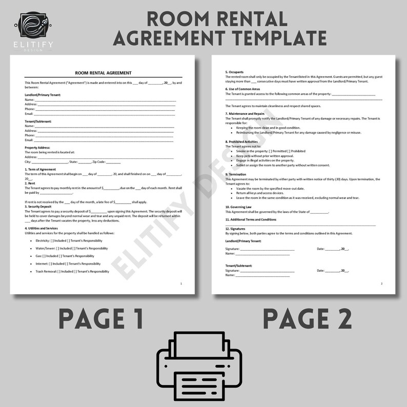 Room Rental Agreement Template, Editable & Printable (PDF, Word) - Etsy