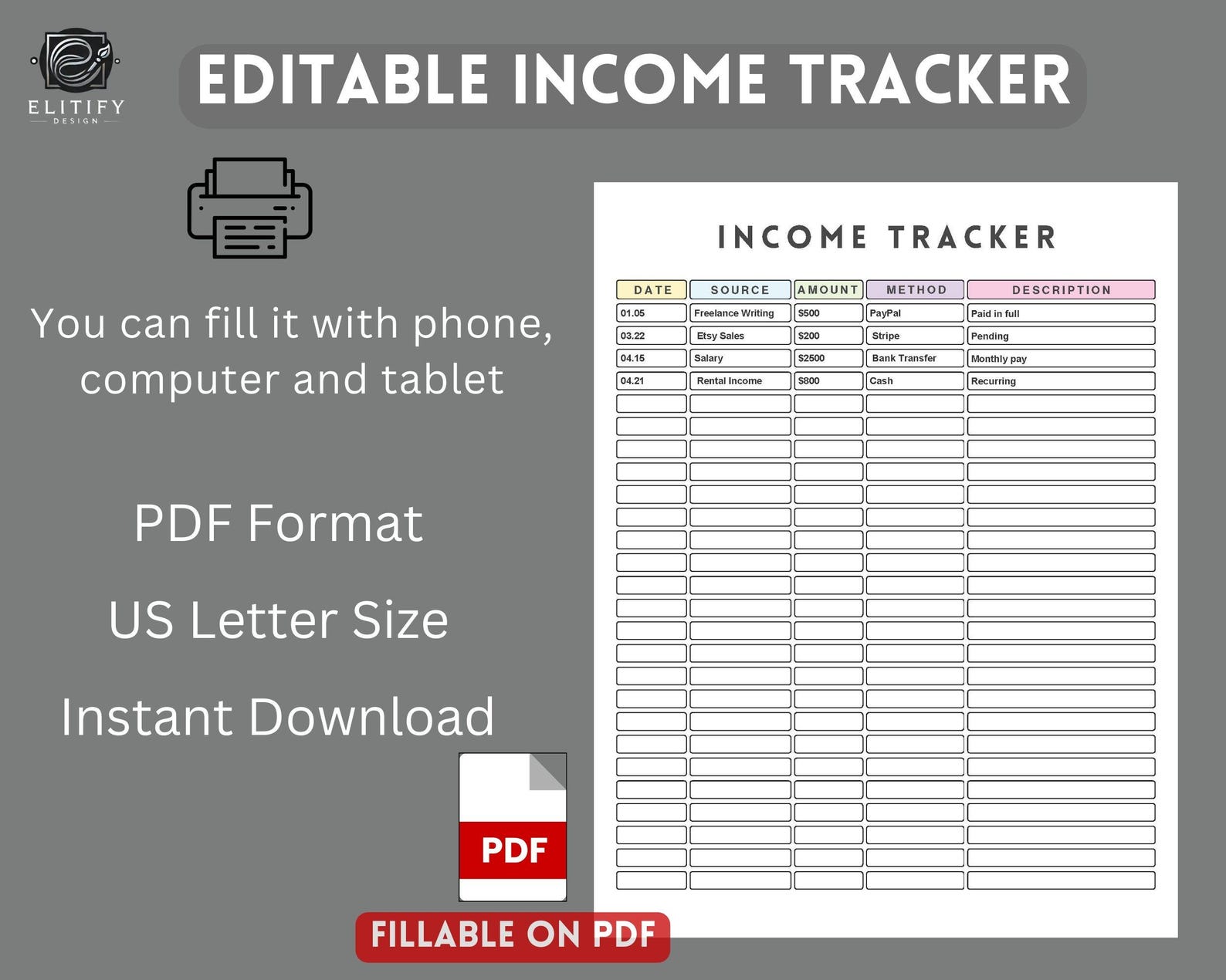 Editable Income Tracker | PDF Budget Planner (digital Download) - Etsy