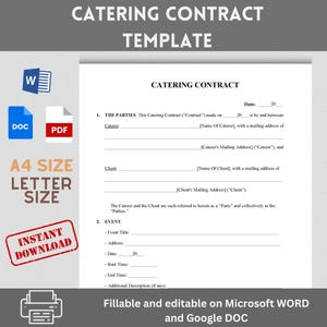 CATERING CONTRACT TEMPLATE / Food Service Contract / Editable,Fillable and Printable files