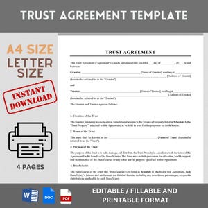 Trust Agreement Template.  Editable, Fillable, Printable Document Template/Detailed Trust Contract Template/Trust Agreement Forms